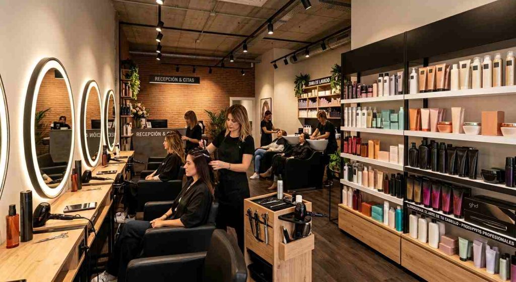 Interior de una franquicia de peluquería equipada con productos profesionales