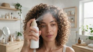 Aplicación de spray texturizante sobre cabello rizado