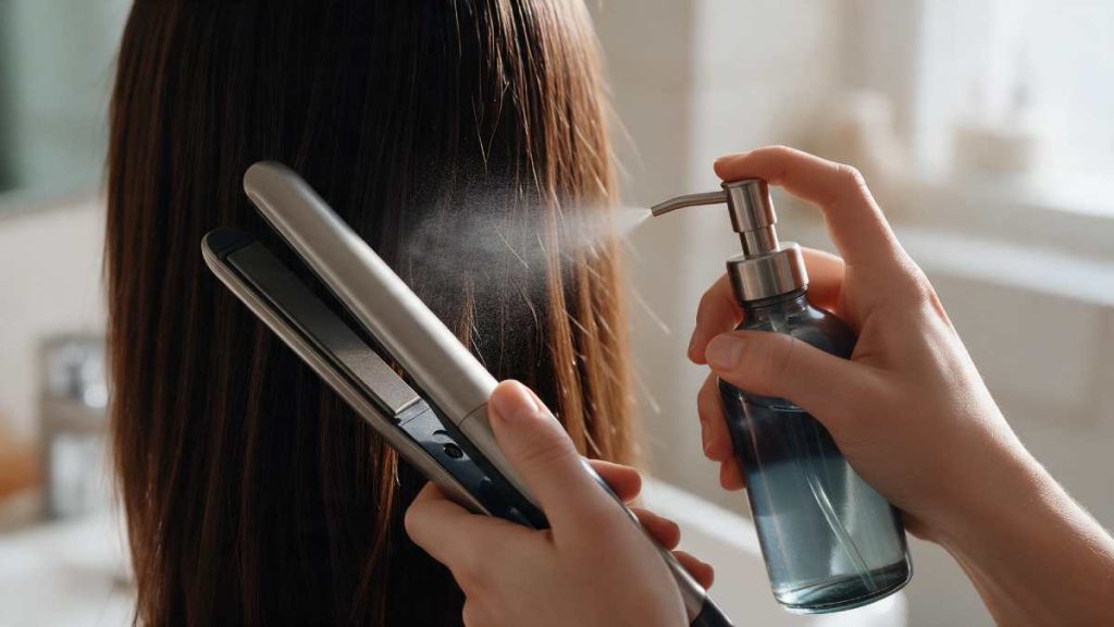 Protector térmico Milano Cosmetics aplicado antes de usar plancha de pelo